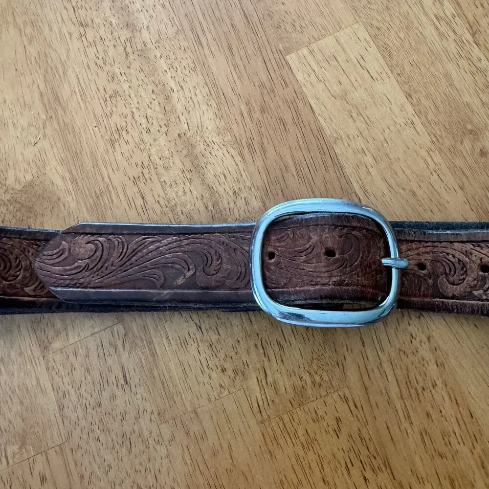Mens Tooled Brown Leather Western Belt Size 40 Silver Bronze Buckle Scrollwork